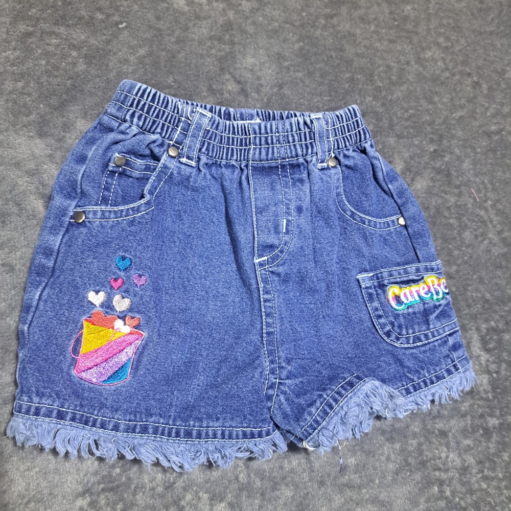 VTG Care Bears Baby Girls Denim Shorts 18M Blue Frayed Hem Embroidered Retro